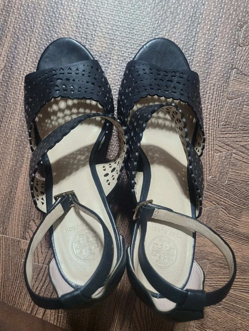 Tory Burch Nutria black perforated laser-cut leather gladiator wedge sandals  9M